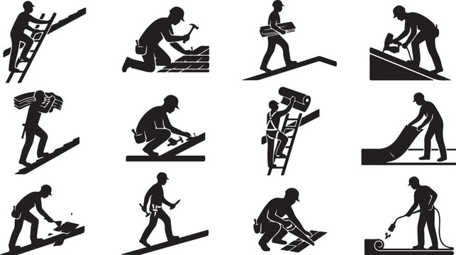 Set of roofer worker silhouettes, construction roofing icons, professional contractors installing shingles and waterproof membrane on roof.