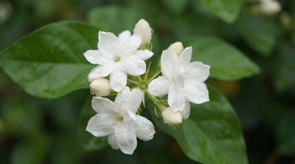 Obraz premium A close-up photography of white jasmine flowers and green leaves in a lush garden environment.