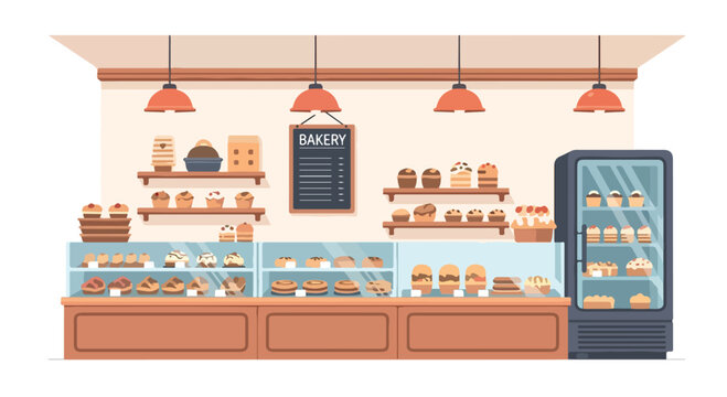 Colorful bakery display with pastries and cakes