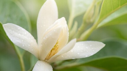 Obraz premium A close-up of a white flower with water droplets on its petals surrounded by green leaves outdoors.