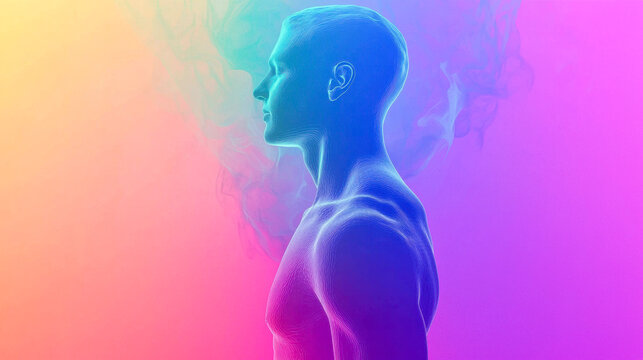 Vibrant Mindscape: An ethereal, translucent figure emerges from a kaleidoscope of colors, evoking a sense of introspection and the boundless potential within the human spirit.