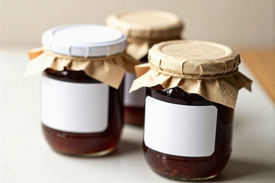 Glass jar with fabric lid cover and twine, three-quarter overhead