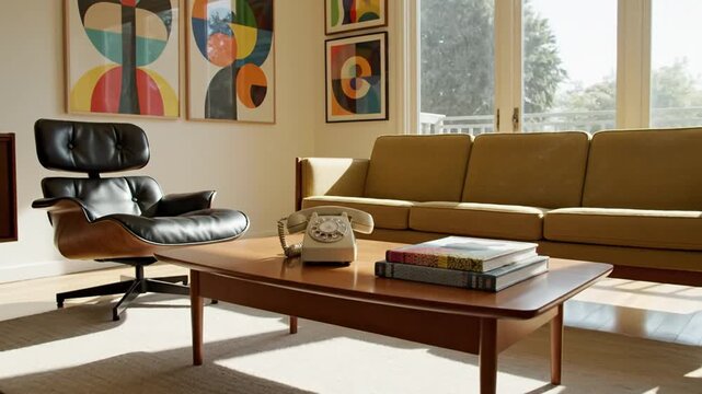 Mid-century modern living room with sofa, Eames chair, and sunlight