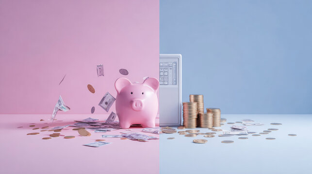Divided Financial World: A piggy bank stands at the forefront of the image, amidst the financial arrangement, which is divided into pink and blue color, representing the financial concept. 