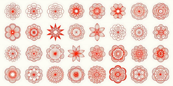 Diverse collection of red circular decorative motifs with white background circular decorative geometric ornament abstract symmetry intricate detailed isolated collection stylized