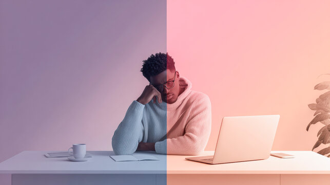 Tired at Desk: An individual slumps over their desk, illuminated by dual-tone lighting, in a scene that captures the weight of weariness.