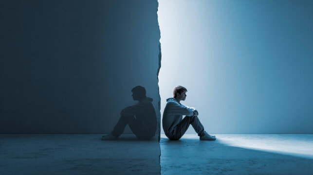 Divided World: A solitary figure sits at the dividing line, representing a sense of introspection and the struggle with internal conflicts.