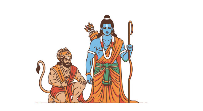 Vector illustration of lord rama and hanuman in traditional indian attire standing and sitting in orange and blue hues symbolizing hindu mythology and culture