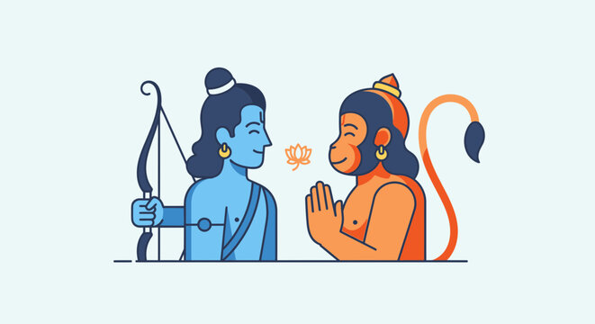Hindu deities lord rama and hanuman in minimalist flat illustration facing each other with hands in prayer