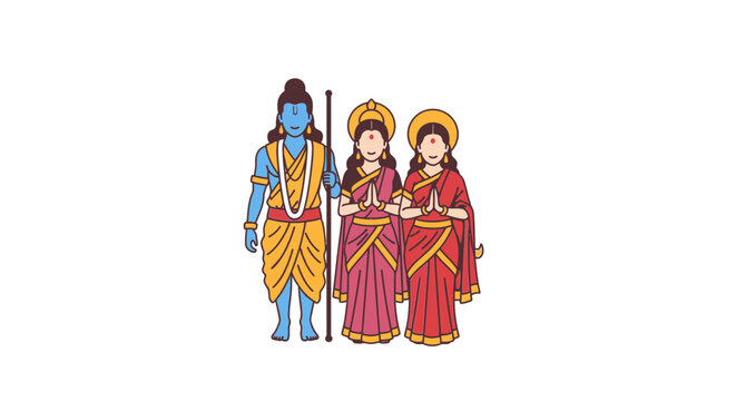 Hindu deities rama sita and lakshmi in traditional indian attire standing together