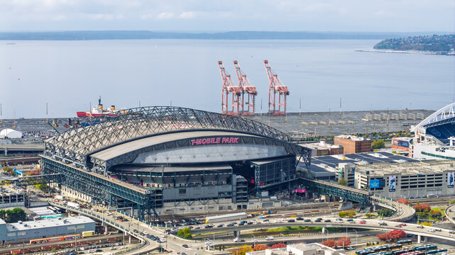 T Mobile Park stadium with Seattle harbor cranes