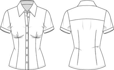 Women short sleeve button up shirt technical flat sketch front and back view tailored fit fashion garment design illustration © Meri999