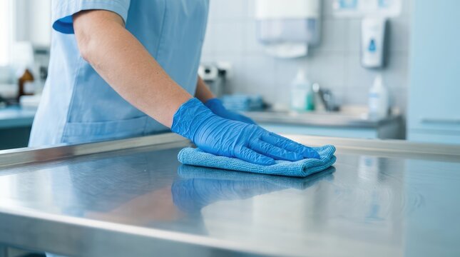 A person in blue gloves thoroughly cleans and disinfects a stainless steel medical table in a sterile environment
