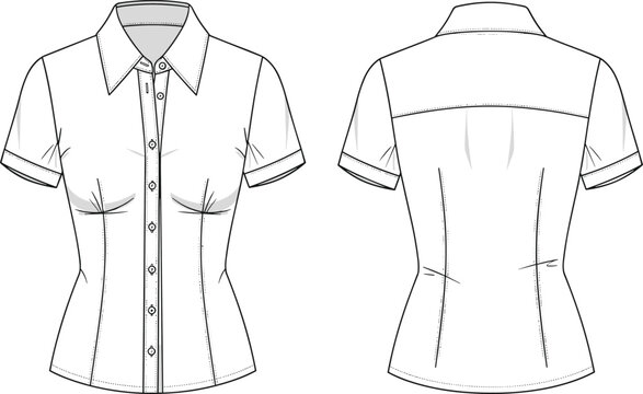 Women short sleeve button up shirt technical flat sketch front and back view tailored fit fashion garment design illustration