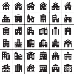 Fototapeta premium Building Icons Set - Black and White Icon Collection, Vector Illustration
