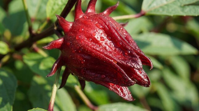 Vibrant red sorrel flower blooms in lush green garden with natural sunlight shining