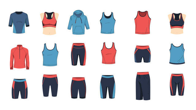 Comprehensive collection of various sportswear items including shirts, tank tops, shorts, and hoodies in blue, red, and dark navy colors.