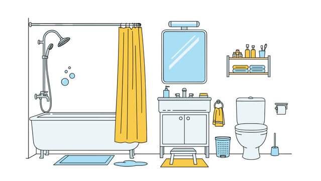 Clean and modern bathroom interior featuring a white bathtub, a sink cabinet, a toilet, a yellow shower curtain, and various accessories.