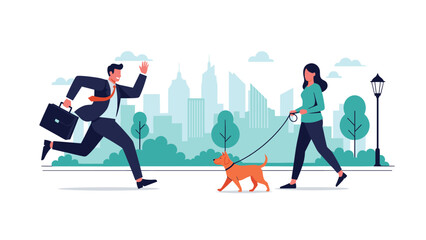 Fototapeta premium Busy morning scene featuring a professional man in a suit running through a city park while a woman walks her dog on a path nearby.