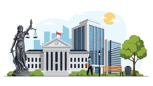Majestic courthouse building featuring a statue of Lady Justice in the foreground under a clear and bright sunny sky.