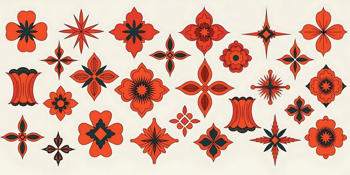 Variety of red and black floral and geometric ornamental patterns with cross shape stylized flower geometric decoration background illustration template creative ornament stylized