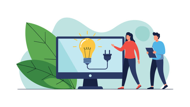 Creative concept for generating new business ideas shown as a glowing lightbulb connected by a plug to a modern computer screen.