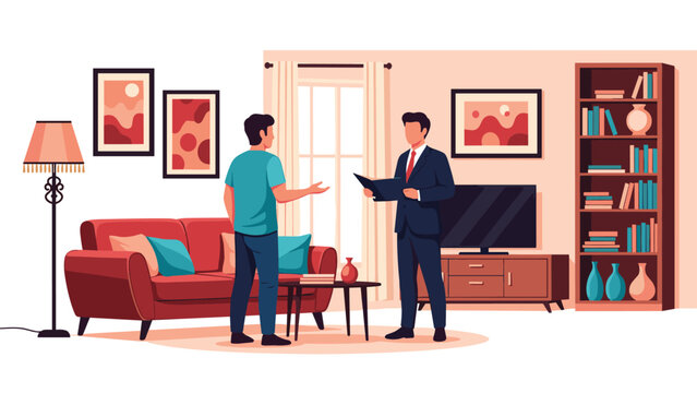 Professional real estate agent showing a modern residential living room to a potential male client during a viewing.