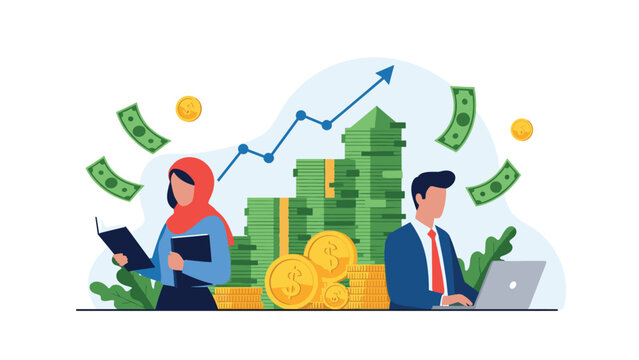 Diverse business professionals analyzing financial growth and profit represented by stacks of money and a rising blue graph.