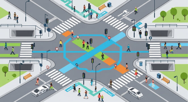 Busy City Intersection with Pedestrians and Vehicles.