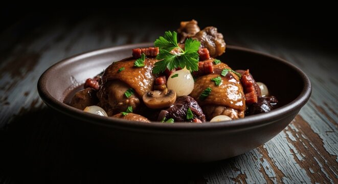 A hearty dish of slow-cooked chicken thighs in a savory stew, garnished with fresh herbs perfect for National Coq Au Vin Day