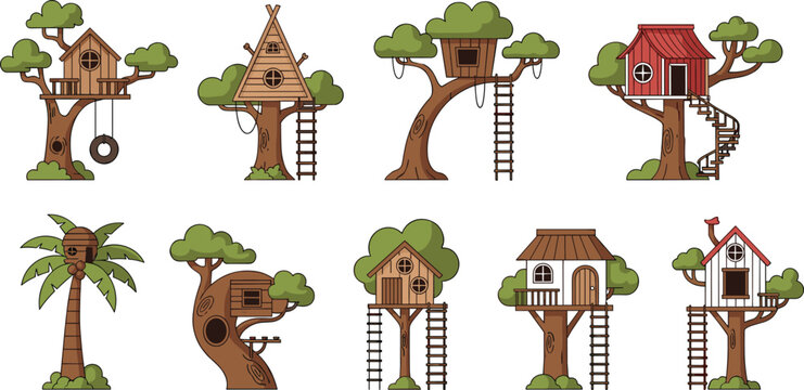 Cute Treehouse and Wooden Cabin on Tree Flat Vector Illustration Set with Ladder Swing and Different Styles Kids Adventure Collection