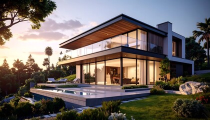 Fototapeta premium Modern house with glass facade, lush garden, and infinity pool at sunset creates luxurious ambiance
