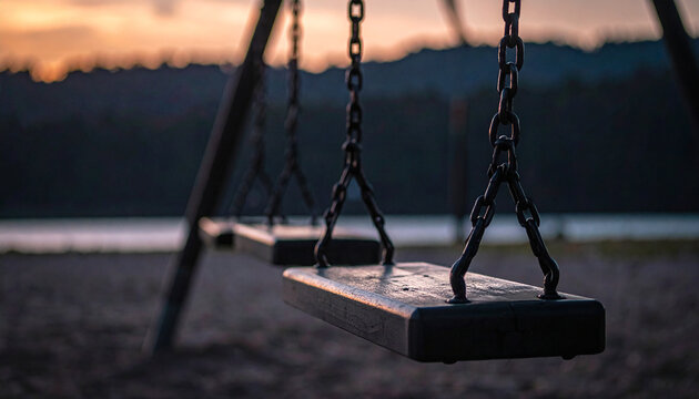 Dark wooden swings with heavy metal chains hang in a park during twilight with a hazy sunset over distant water