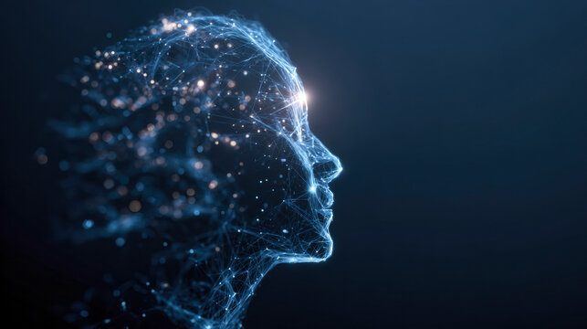 Digital Mindscape: A captivating depiction of the human mind, illustrated as a network of interconnected points of light. This artwork symbolizes intelligence and the boundless potential of the brain.