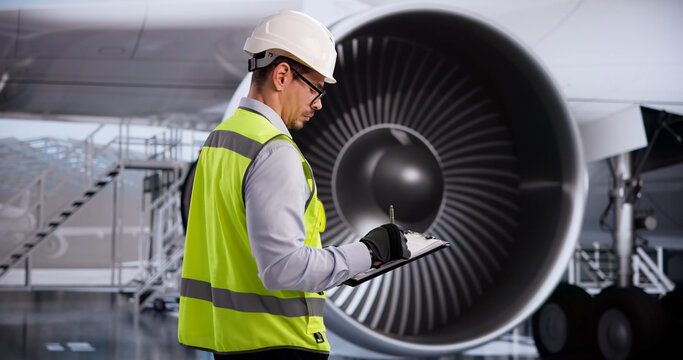 Technician Wearing Safety Helmet Conducts Thorough Jet Engine Inspection
