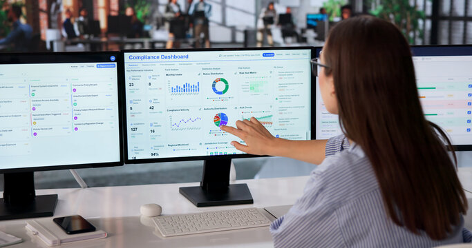 Woman Analyzes Real-time Risk Dashboard On Multiple Screens