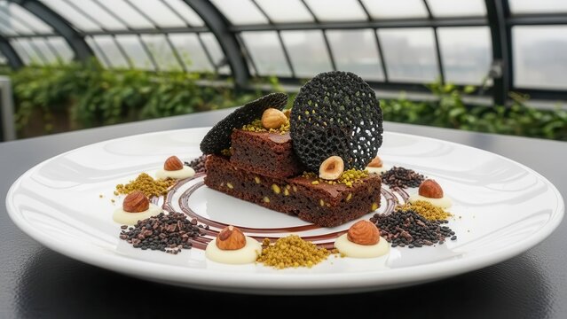 Artisan chocolate brownie with hazelnuts and pistachio, decorated with black lace tuile and white chocolate drops on a white plate