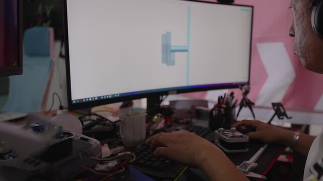 Person working at desktop computer preparing digital 3d model for printing. Designer using keyboard and mouse to adjust object geometry in modeling software at home office workstation