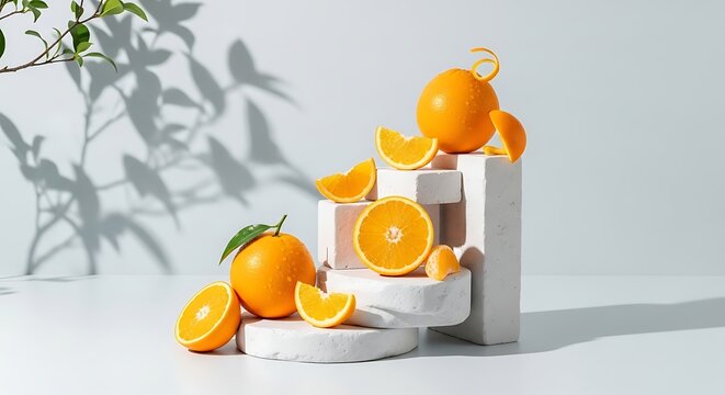 Tumpukan irisan jeruk segar bersinar di atas pilar batu putih bertekstur melambangkan keseimbangan estetika kesehatan dan kemewahan