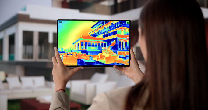 Woman Holding Infrared Camera Outdoors Near House