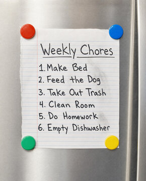 Detailed Shot Of A Handwritten Child's Chore Chart On A Refrigerator Door