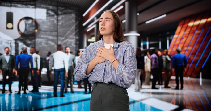 Woman Experiencing Sudden Panic Attack During Busy Corporate Conference