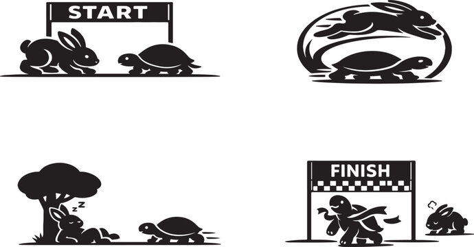 Rabbit and turtle race silhouettes depicting the fable s progress start and finish