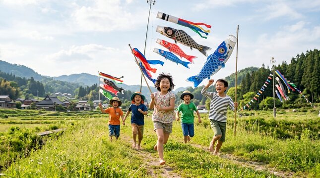 A group of joyful Japanese children running through a lush green rural field, carrying traditional Koinobori (carp streamers) on poles against a mountain backdrop