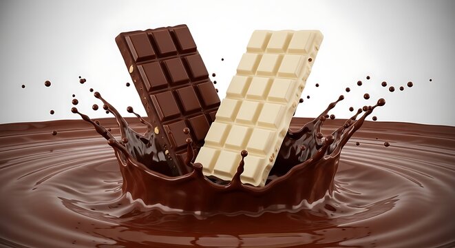 Batangan cokelat pekat dan putih tenggelam memicu cipratan cokelat cair melambangkan harmoni kelezatan rasa ganda yang menggoda