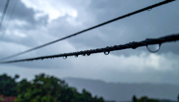 Two parallel metal wires with numerous water droplets hanging from them, against a cloudy sky and distant green hills