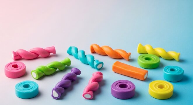 Colorful twisted and rolled taffy candies on pastel background, National Taffy Day