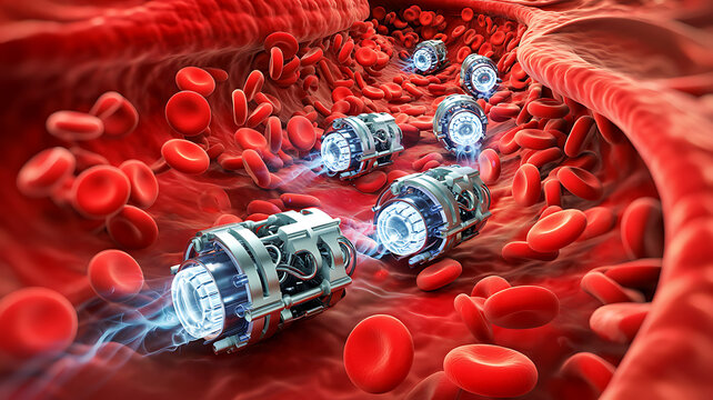 Tiny medical nanorobots floating inside vein among red blood cells illustrating future healthcare technology for internal surgical procedures and biological monitoring system.
