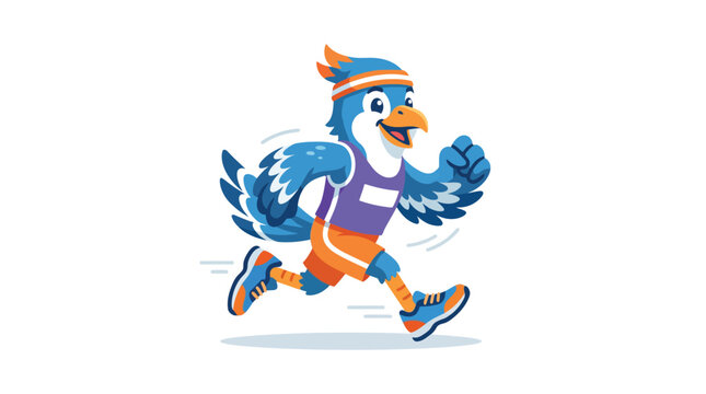 Blue Bird Mascot Running Vector Illustration. Energetic Cartoon Athlet