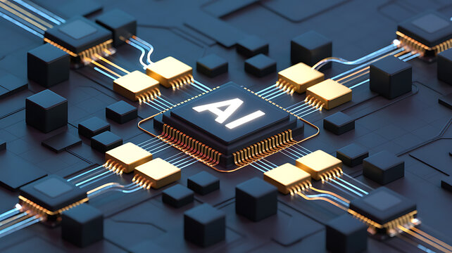 Artificial intelligence processor integrated on electronic motherboard with gold components representing high performance server data computing tech engineering infrastructure.